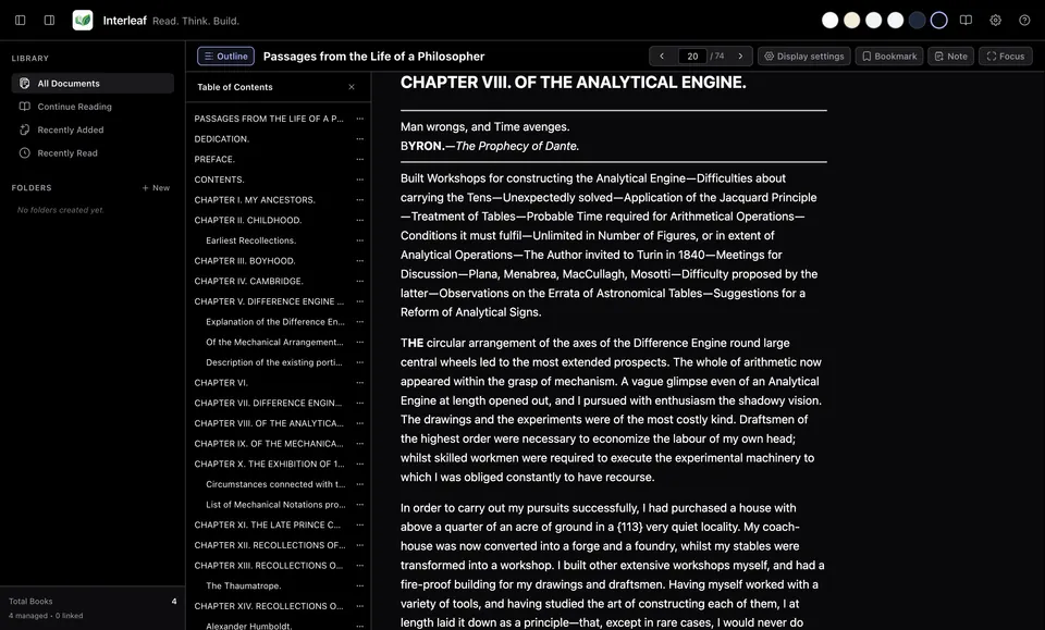 Charles Babbage's Passages from the Life of a Philosopher, the chapter on the Analytical Engine, in the Midnight palette with the table of contents open.