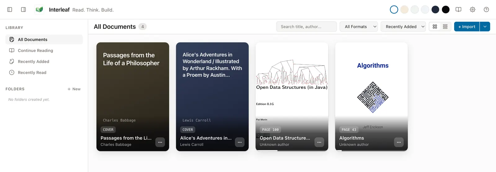 The Interleaf library showing four free demo books: Algorithms, Open Data Structures (in Java), Alice's Adventures in Wonderland and Passages from the Life of a Philosopher.