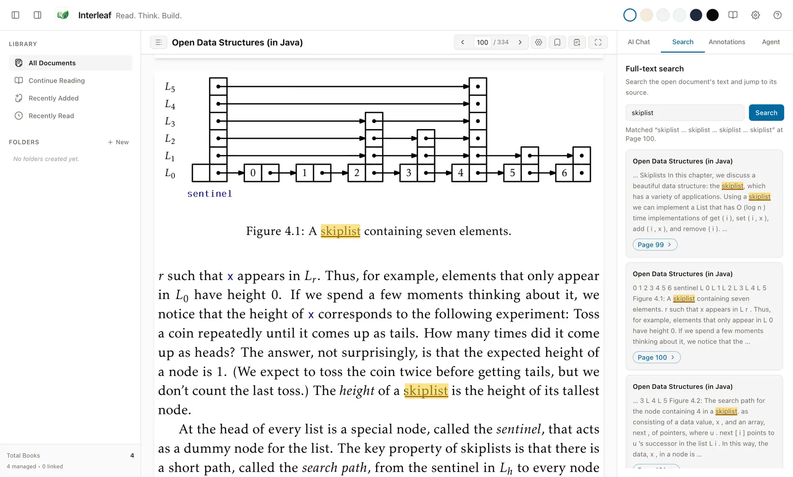 Searching Open Data Structures for skiplist, with the result list in the companion panel and the reader on the matching page.